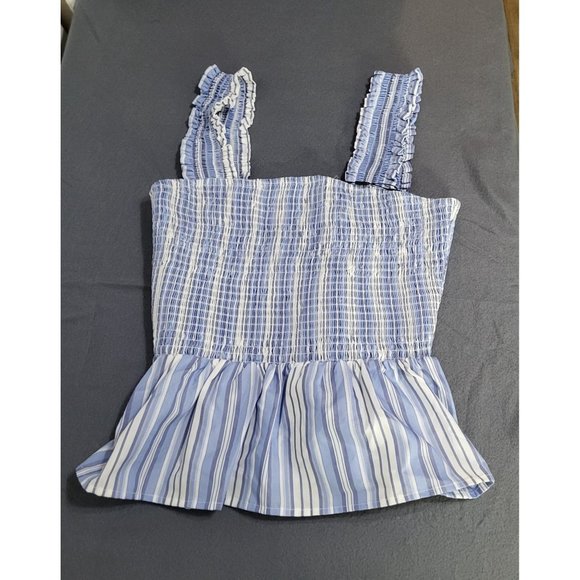 English Factory Tops - ENGLISH FACTORY Women's SZ Medium Striped Smocked Ruffled Tank Top Blue White